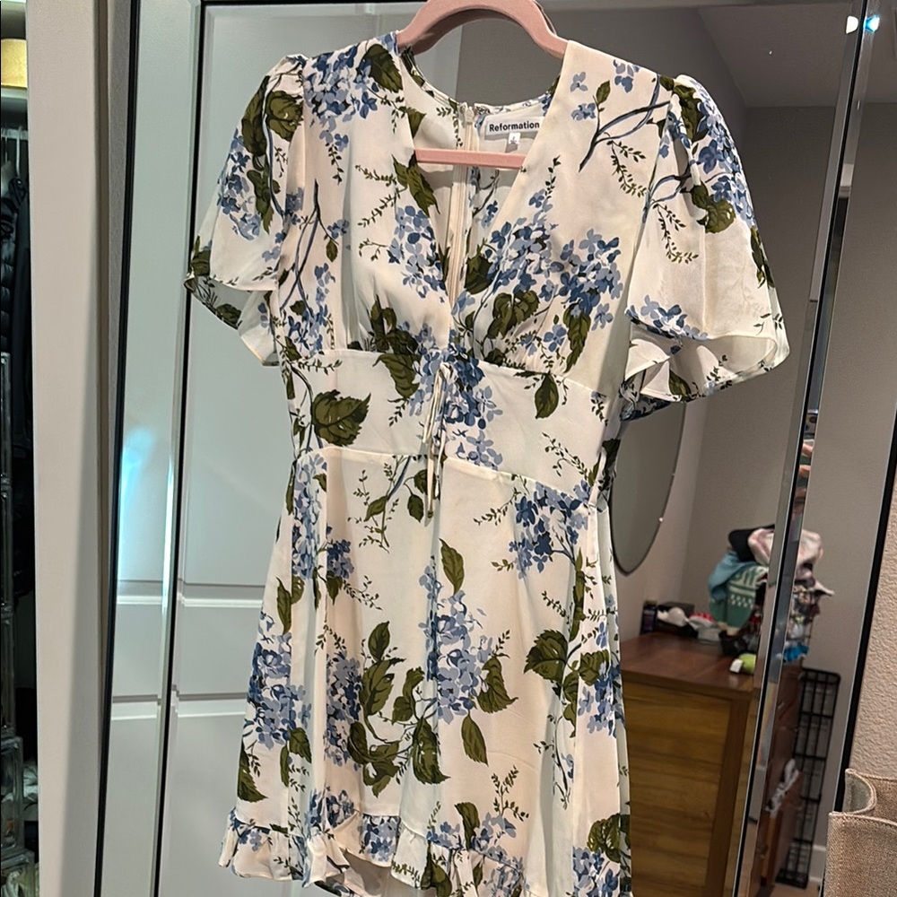 Reformation White Dress with Blue and Green Floral Print